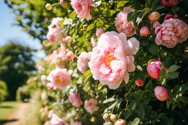 Jardín de flores, jardinería y campo, naturaleza, hermosas flores de peonía, peonías que florecen en un día soleado, ai generativo