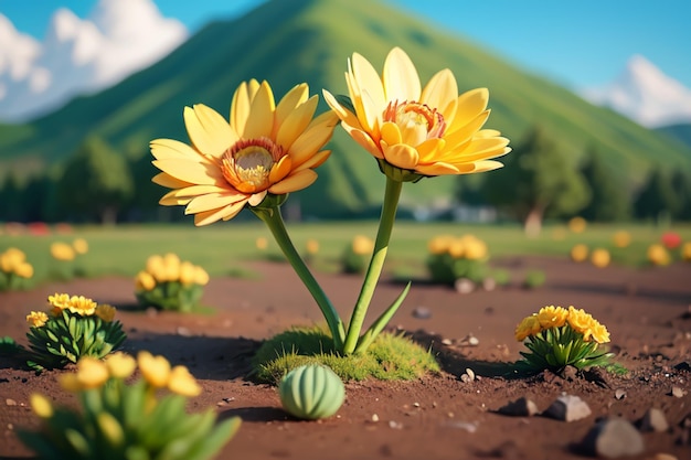 Un jardín de flores con una montaña al fondo.