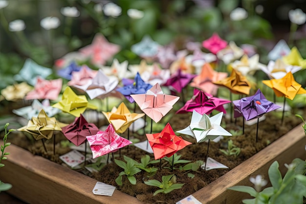 Jardín de flores de origami con delicadas flores y follaje en plena floración creado con ai generativo