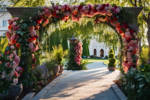 un jardín con flores y una pérgola