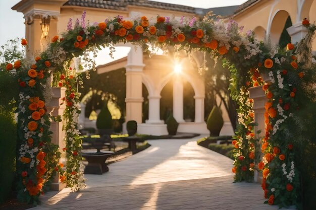 Un jardín con flores y una pérgola