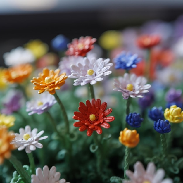 Un jardín de flores de plástico con un centro amarillo y una margarita blanca.