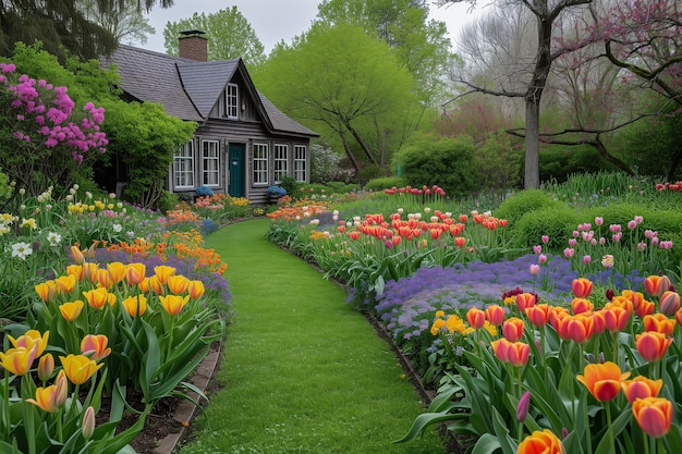 Jardín de flores de primavera con tulipanes cerca de la casa