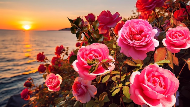 Un jardín de flores con una puesta de sol de fondo.