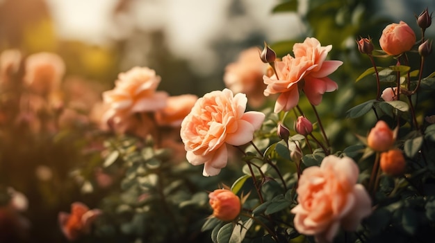 Un jardín de flores con una rosa rosa en el fondo.