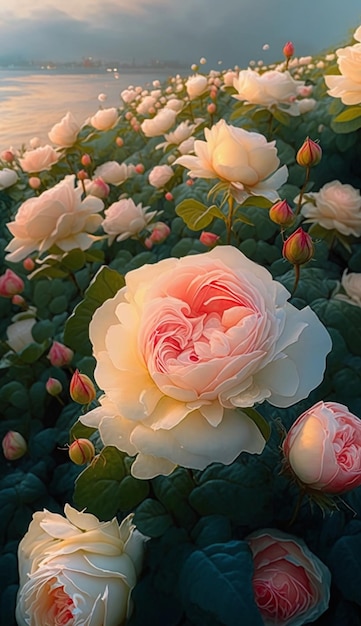Un jardín de flores con una rosa rosa en el medio.