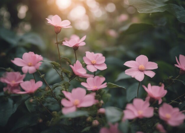 Un jardín de flores rosadas