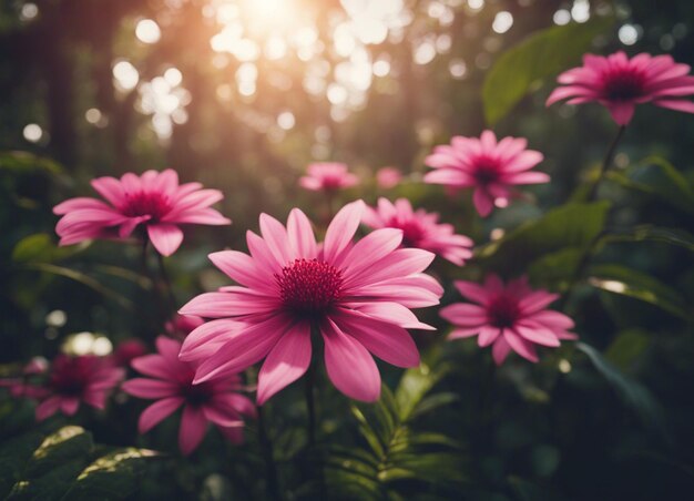 Un jardín de flores rosadas