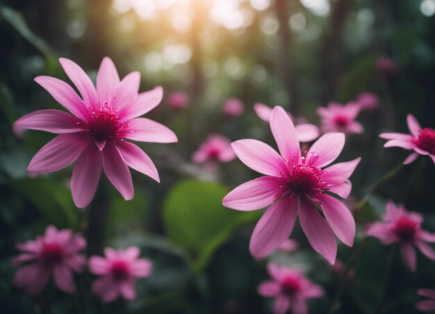 Un jardín de flores rosadas