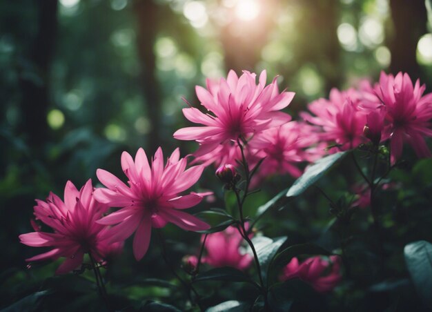 Un jardín de flores rosadas