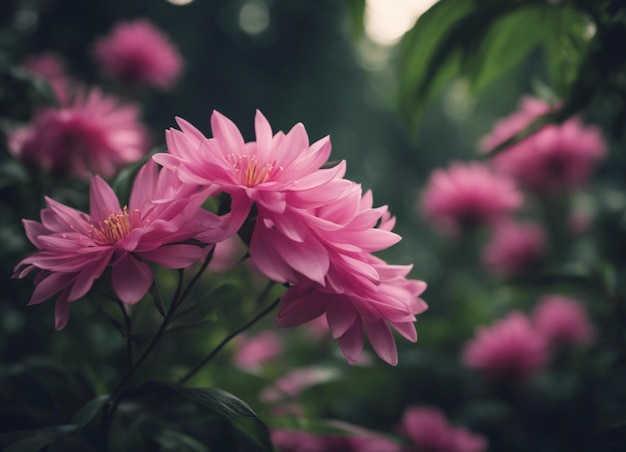 Un jardín de flores rosadas