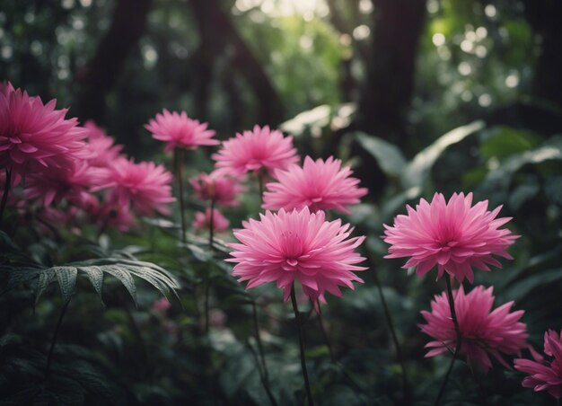 Un jardín de flores rosadas