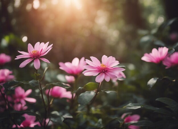 Un jardín de flores rosadas