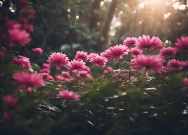 Un jardín de flores rosadas