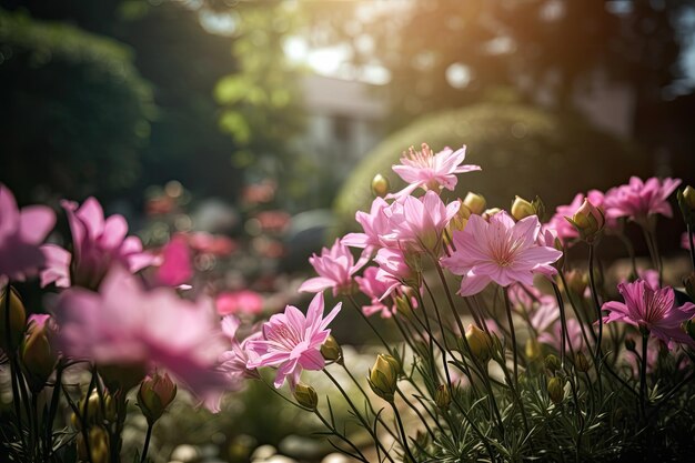 Un jardín con flores rosas en primer plano y un edificio al fondo.