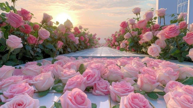 Foto un jardín de flores con rosas rosas en primer plano