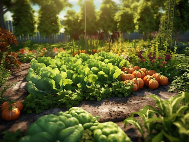 Jardín florido con hileras de plantas de color verde brillante, incluidos pepinos y lechugas IA generativa