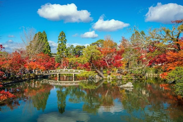 Jardín de follaje de otoño y estanque en el templo Eikando en Kyoto, Kansai, Japón