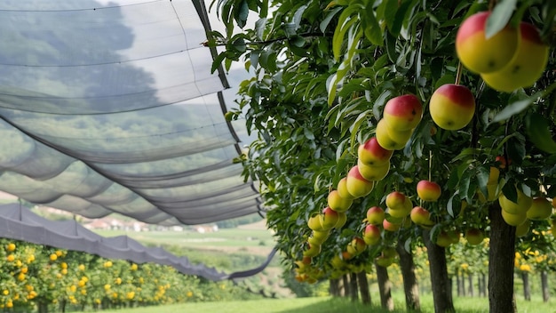 Foto jardín de frutas con red contra el granizo