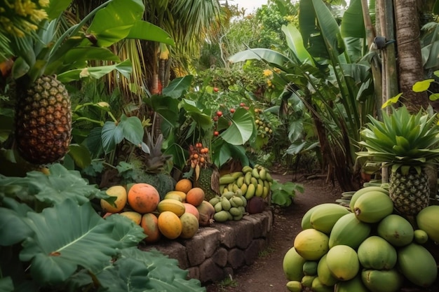 Jardín con frutas tropicales AI Generado