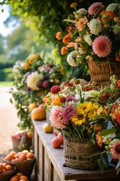 Jardín de frutas de la vida en el campo y decoración floral flores otoñales y celebración de la cosecha de frutas de otoño estilo rural ai generativo