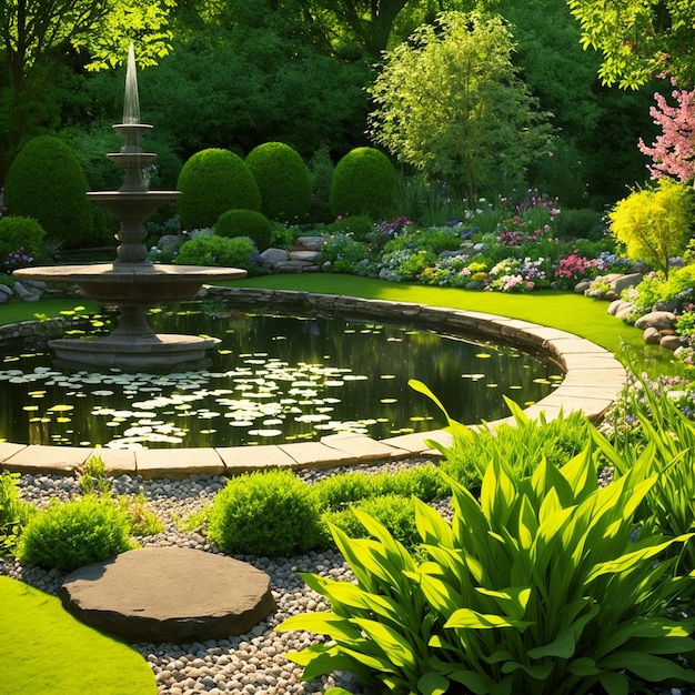 Un jardín con una fuente y un estanque con un nenúfar y un árbol verde.