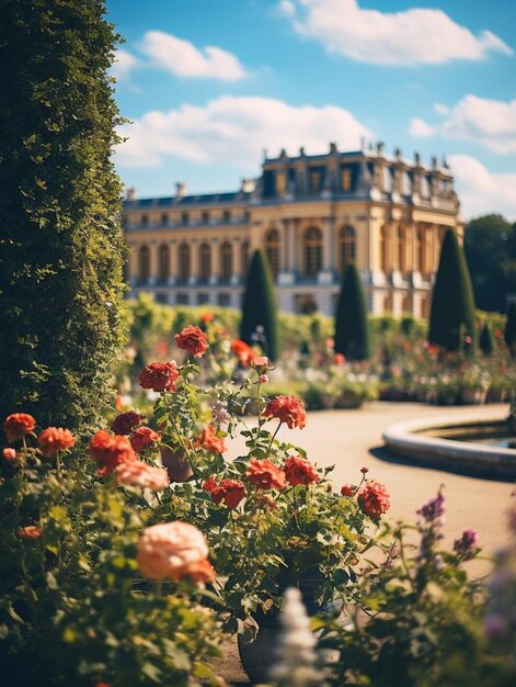 Foto un jardín con una fuente y flores en primer plano.