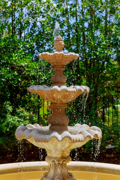 Jardín con fuente pequeña.