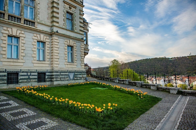 Foto un jardín fuera del castillo con césped verde y flores delante