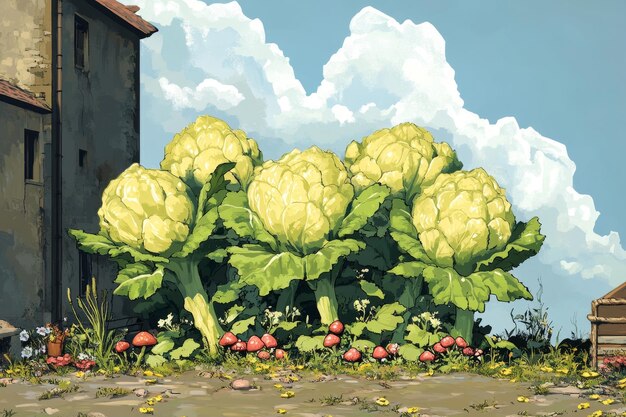 Jardín gigante de coliflor con setas