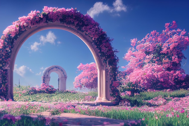 Jardín de hadas con arco de piedra Paisaje de fantasía flores arco de piedra portal entrada mundo irreal representación 3D ilustración de trama