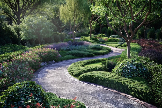 Jardín hermosamente ajardinado con senderos sinuosos