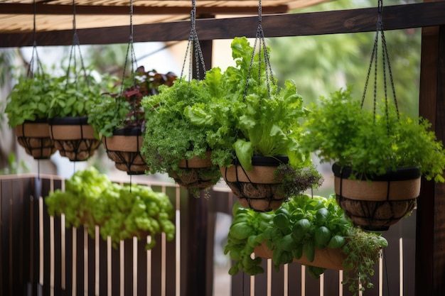 Jardín hidropónico con hierbas y verduras que crecen en cestas colgantes creadas con IA generativa