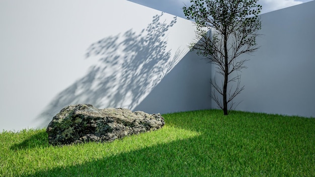 Jardín de hierba de renderizado 3d con árbol y pared