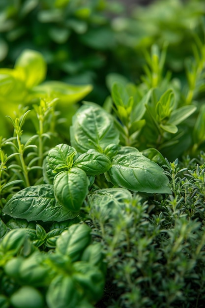 Un jardín de hierbas aromáticas y diversas floreciendo con albahaca menta romero y tomillo