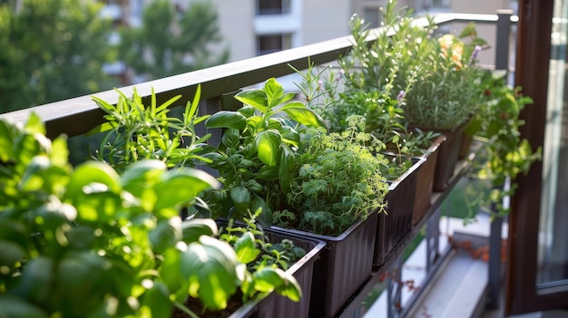 Jardín de hierbas orgánicas en un balcón de un pequeño apartamento