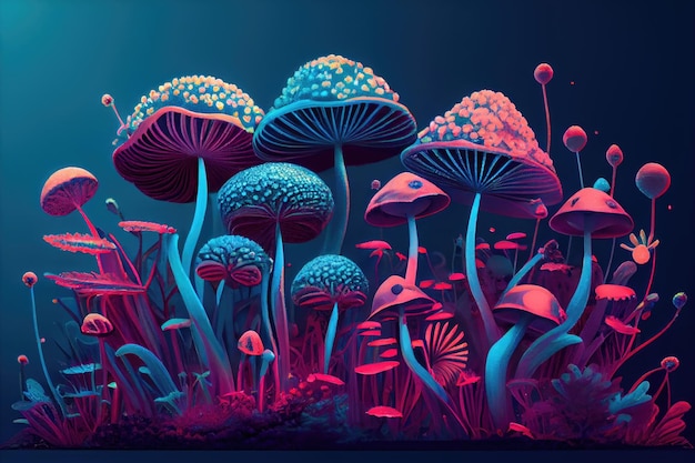 Jardín de hongos mágicos que florece con colores psicodélicos creados con inteligencia artificial generativa