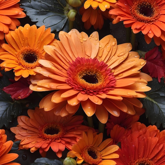 Jardín Húmedo De Otoño Vibrante Belleza De Margarita Gerbera