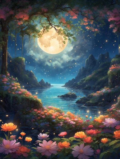 Jardín iluminado por la luna de la armonía cósmica por la noche con luna llena y río
