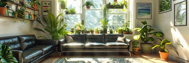Jardín interior brillante con exuberante vegetación frente a una ventana soleada que crea un ambiente doméstico pacífico y vigorizante