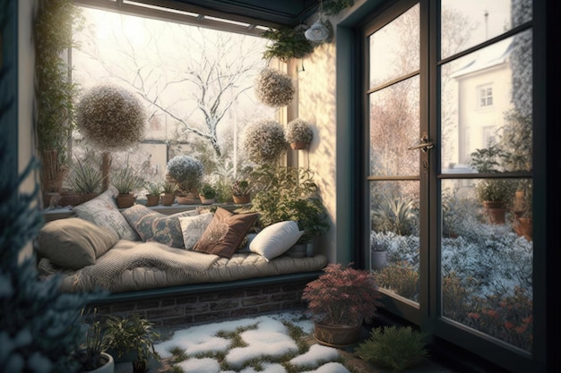 Jardín de invierno en casa suburbana con sofá hundido y macizos de flores acogedor patio trasero