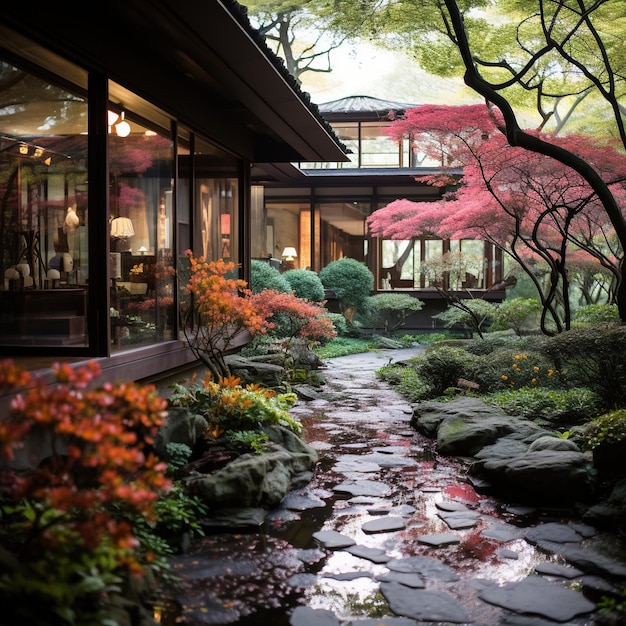 Jardín japonés con una casa moderna