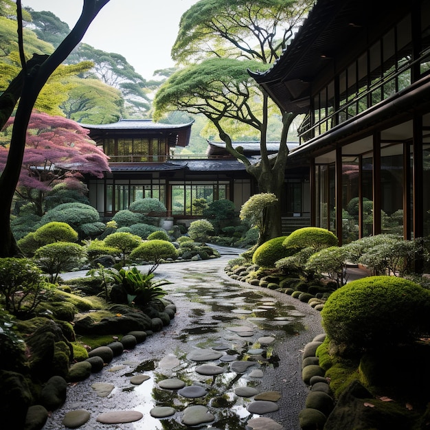 Jardín japonés con casa tradicional y exuberante vegetación