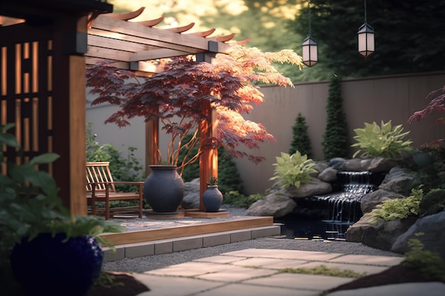 Un jardín japonés con cascada y pérgola de madera.