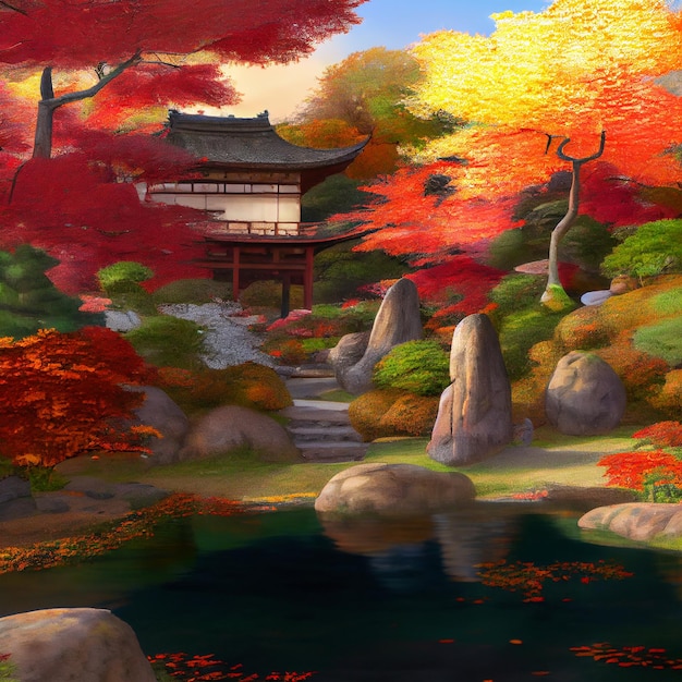 Jardín japonés encantado otoño fondo papel pintado pintura pared arte