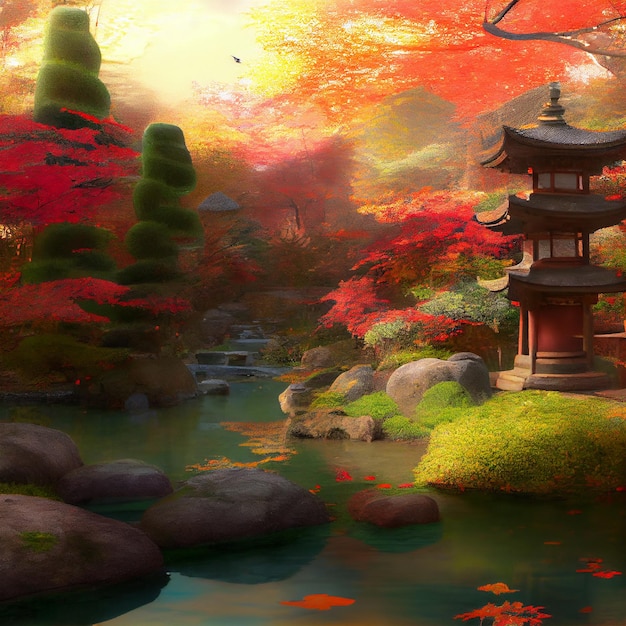 Foto jardín japonés encantado otoño fondo papel pintado pintura pared arte