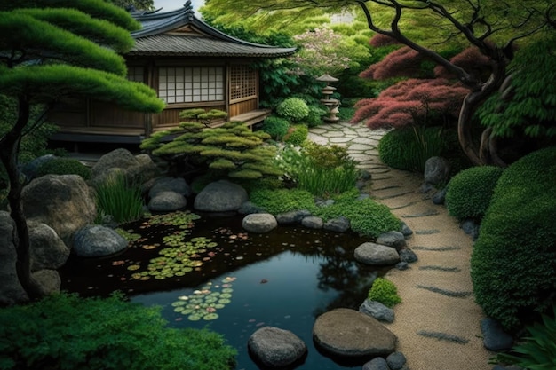 Jardín japonés con gran estanque en un acogedor patio trasero