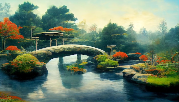 jardín japonés con un puente