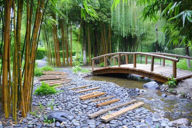 Jardín japonés con río de piedra puente de madera bosque de bambú