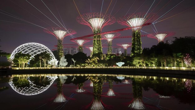 Jardín junto a la bahía en escena nocturna en Singapur